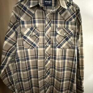 Wrangler Blue and Tan Plaid Pearl Snap Western Shirt
